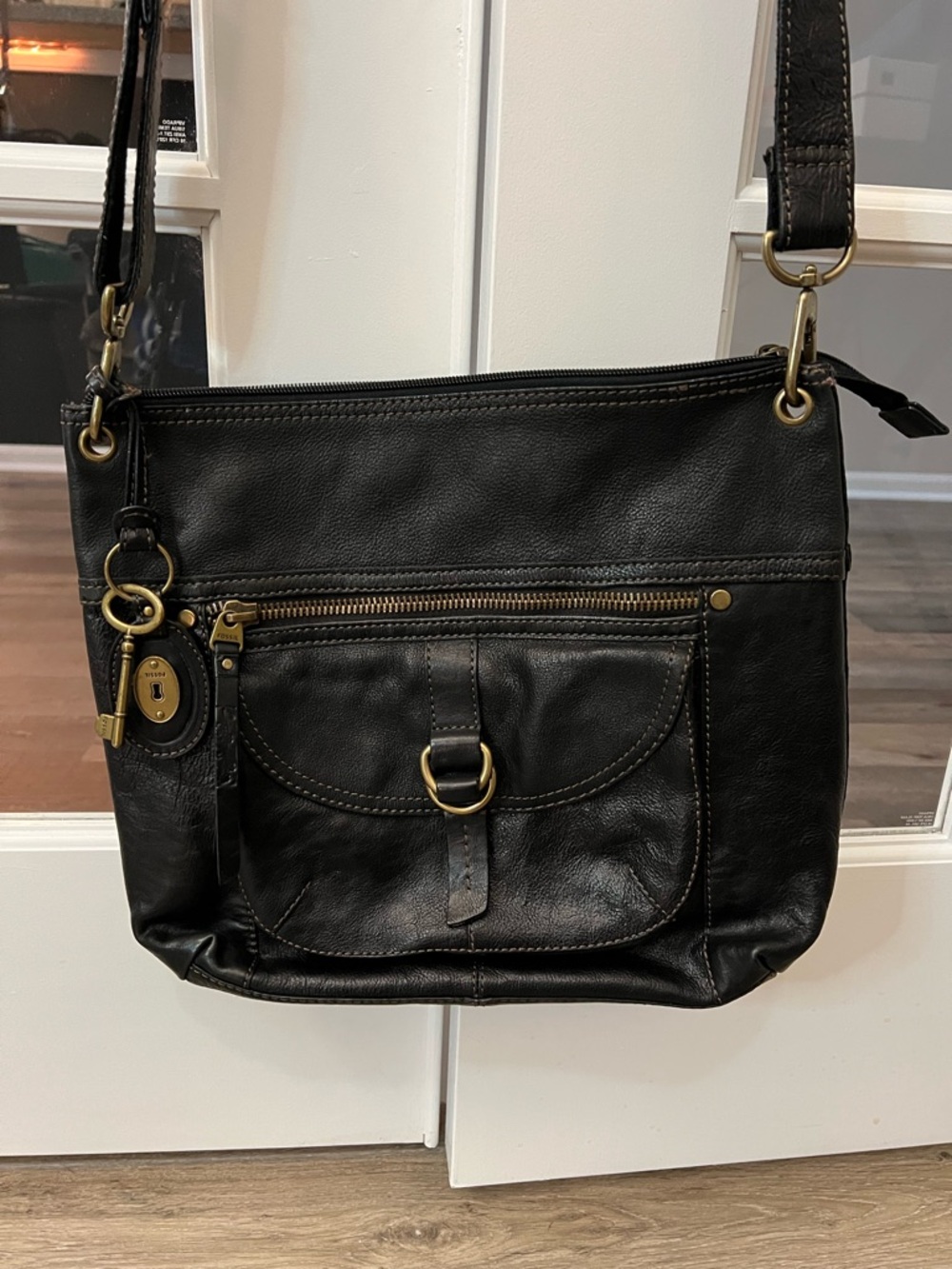 Fossil Black Leather Crossbody with Brass Hardware